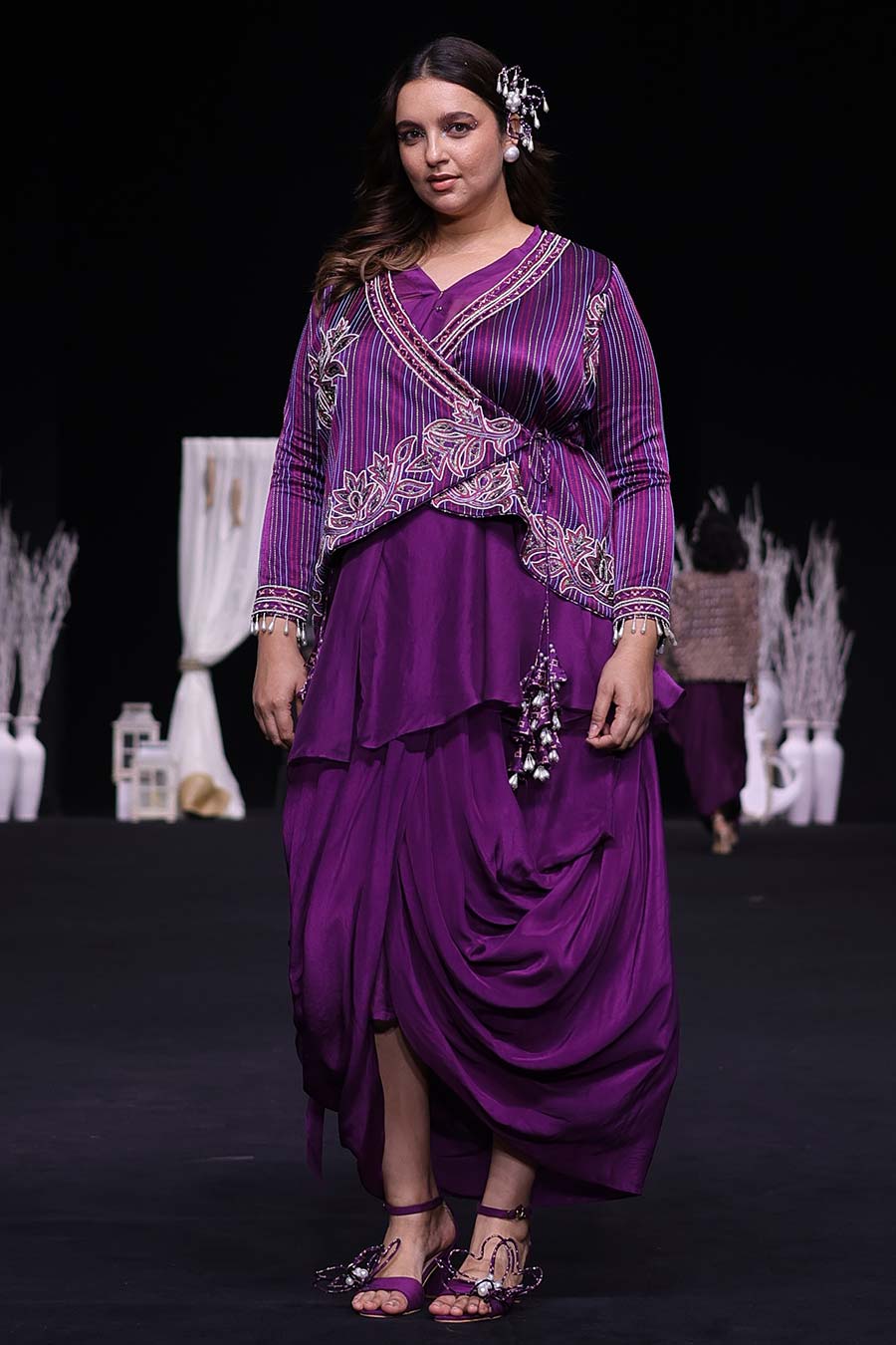 Purple Ajrakh Embroidered Angrakha Jacket & Skirt Set