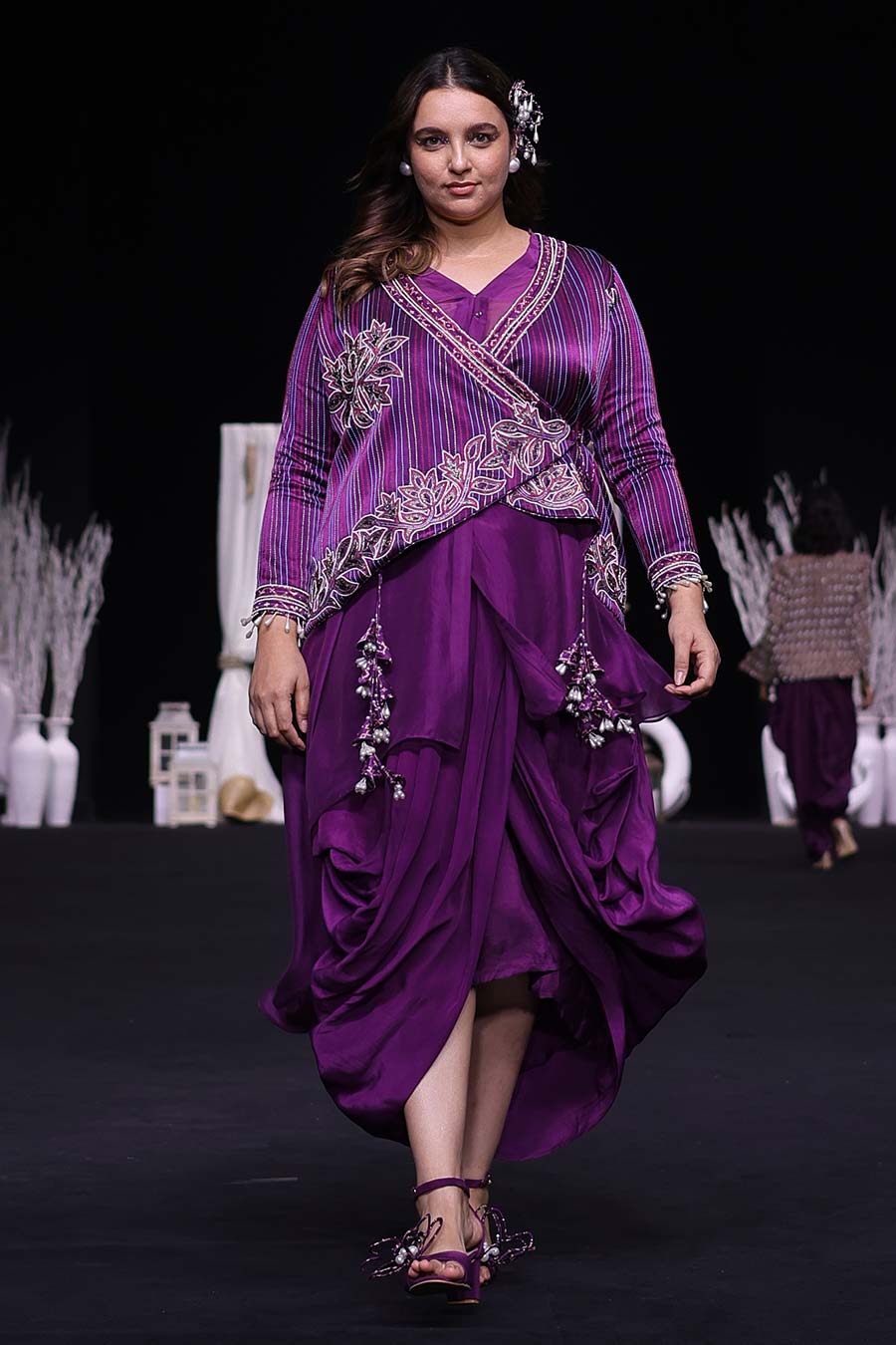 Purple Ajrakh Embroidered Angrakha Jacket & Skirt Set