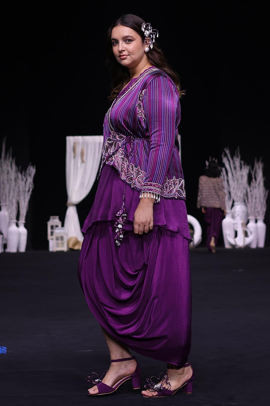 Purple Ajrakh Embroidered Angrakha Jacket & Skirt Set