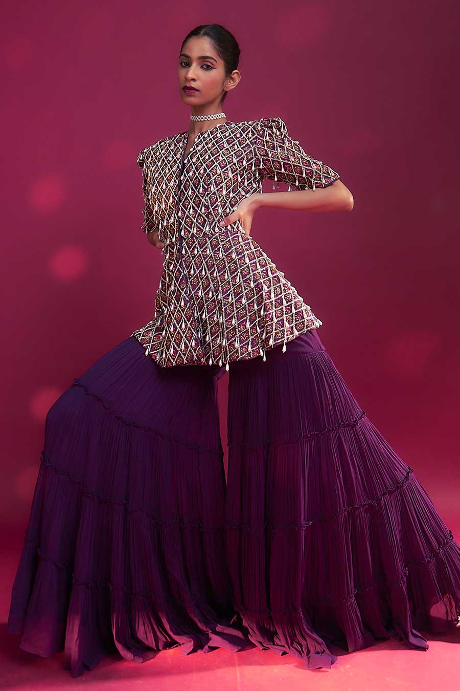 Purple Ajrakh Embroidered Peplum Top & Sharara Set