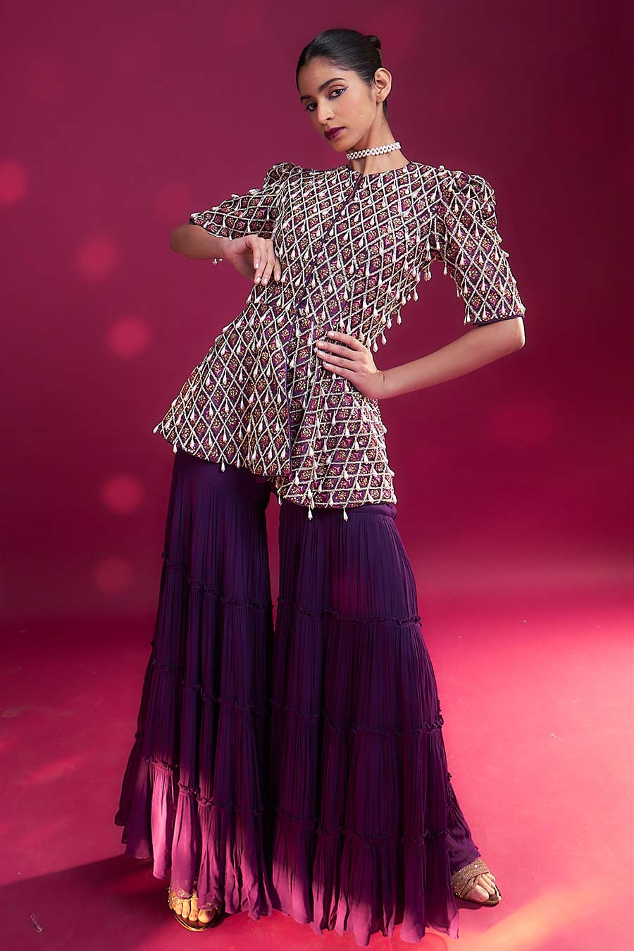 Purple Ajrakh Embroidered Peplum Top & Sharara Set
