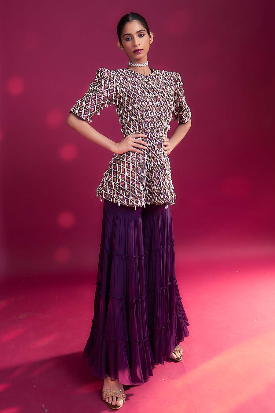 Purple Ajrakh Embroidered Peplum Top & Sharara Set