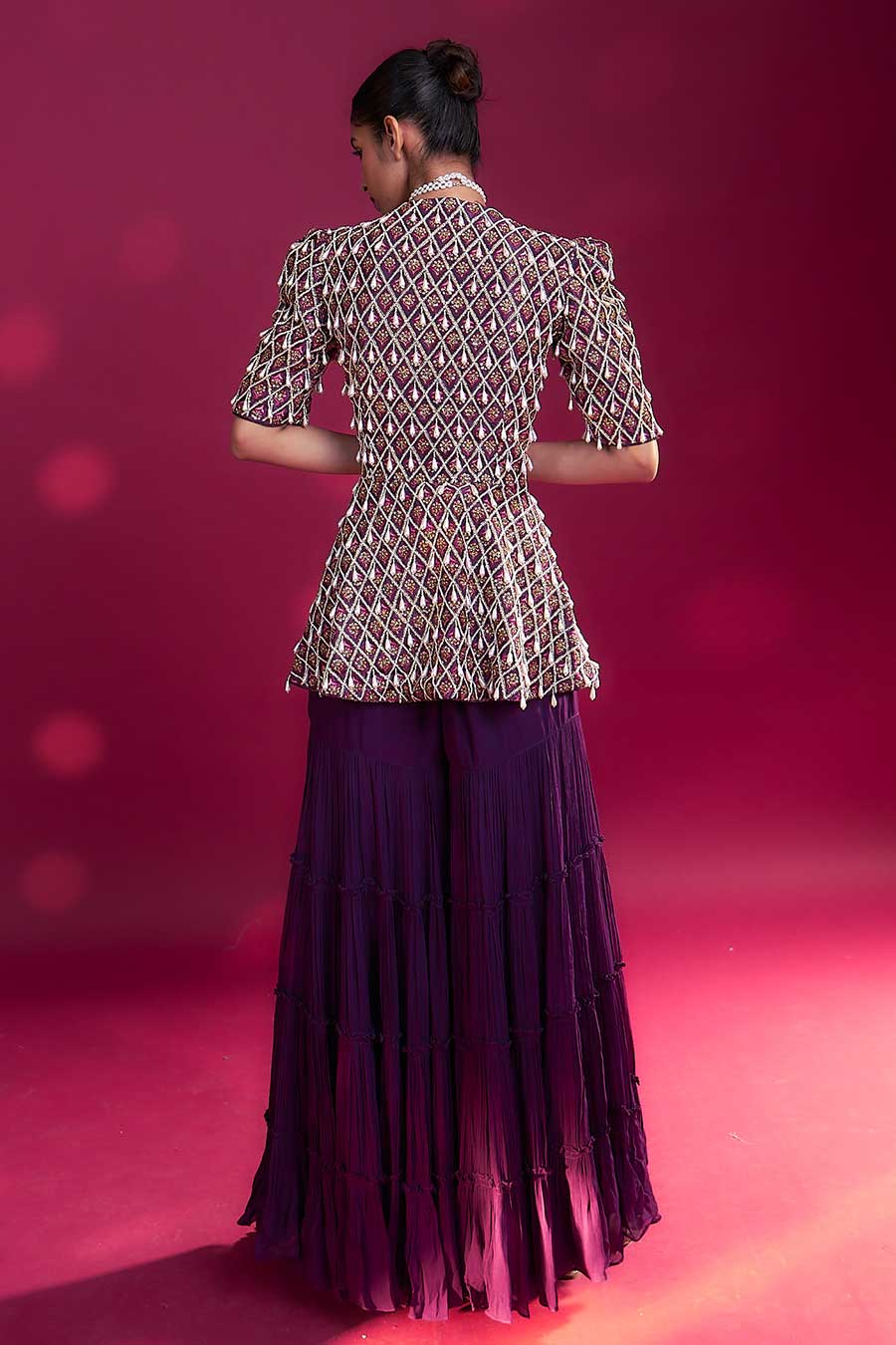 Purple Ajrakh Embroidered Peplum Top & Sharara Set