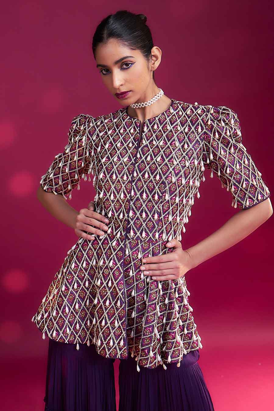 Purple Ajrakh Embroidered Peplum Top & Sharara Set