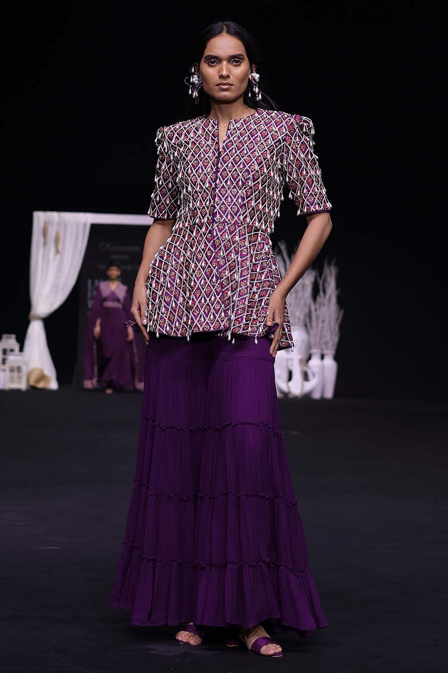 Purple Ajrakh Embroidered Peplum Top & Sharara Set