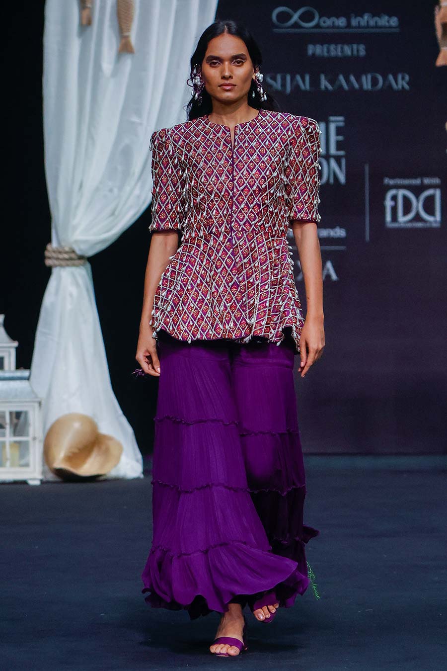 Purple Ajrakh Embroidered Peplum Top & Sharara Set