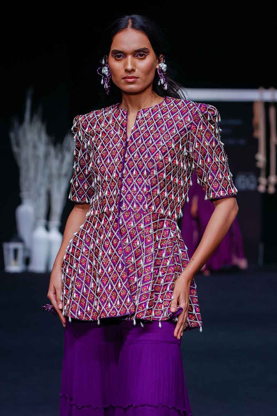 Purple Ajrakh Embroidered Peplum Top & Sharara Set