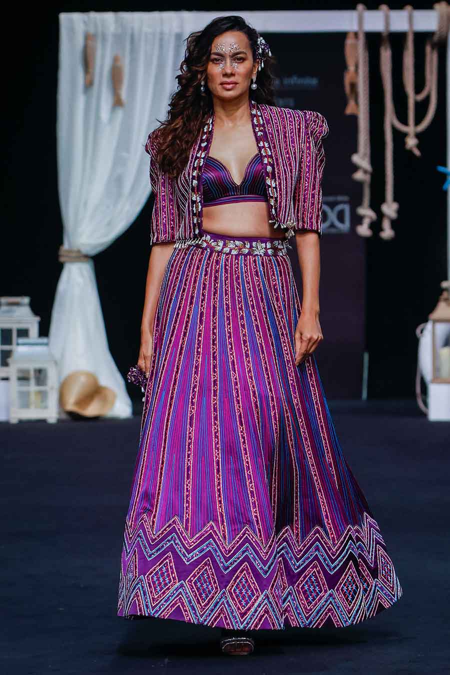 Purple Ajrakh Embroidered Bralette, Jacket & Lehenga Set