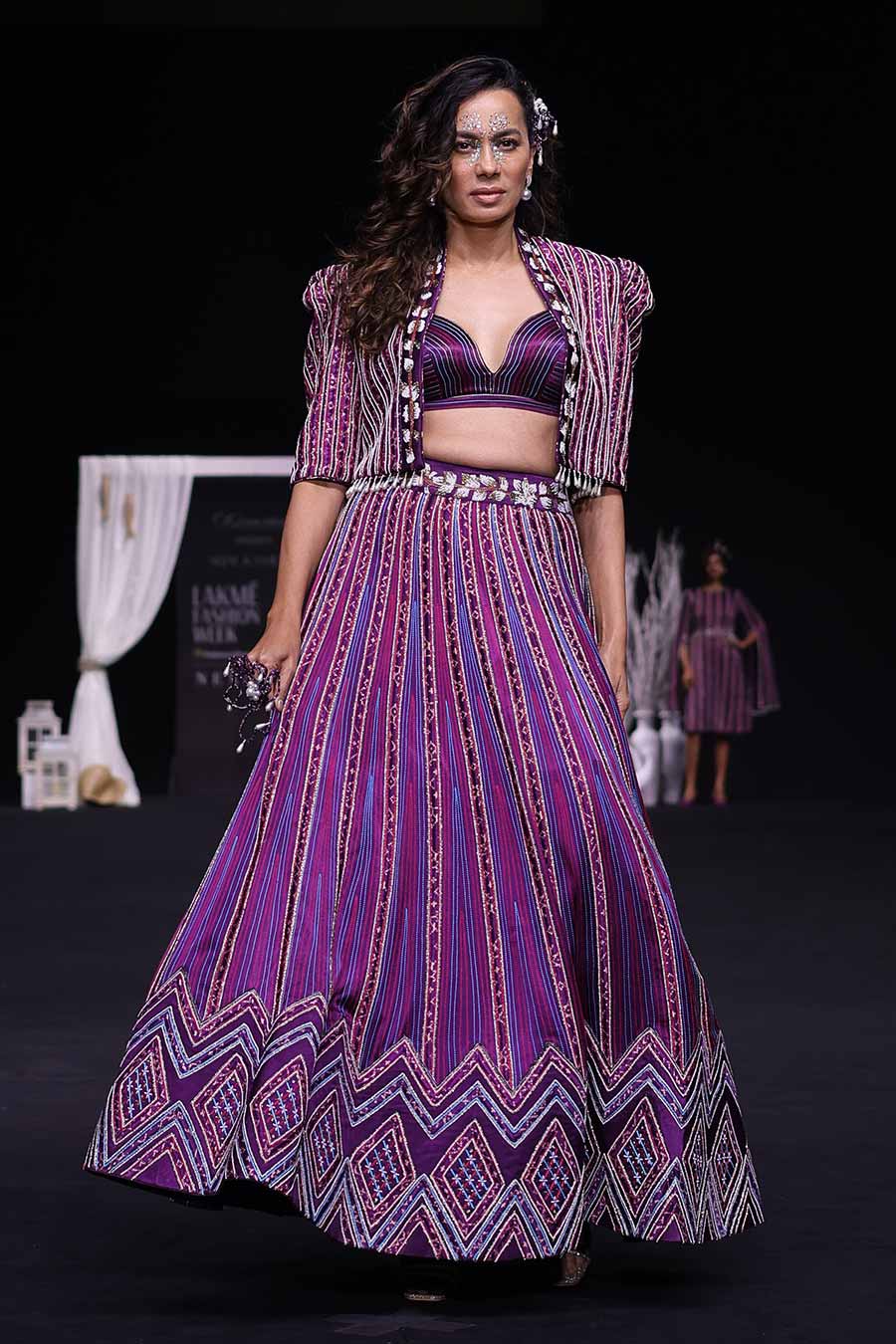 Purple Ajrakh Embroidered Bralette, Jacket & Lehenga Set