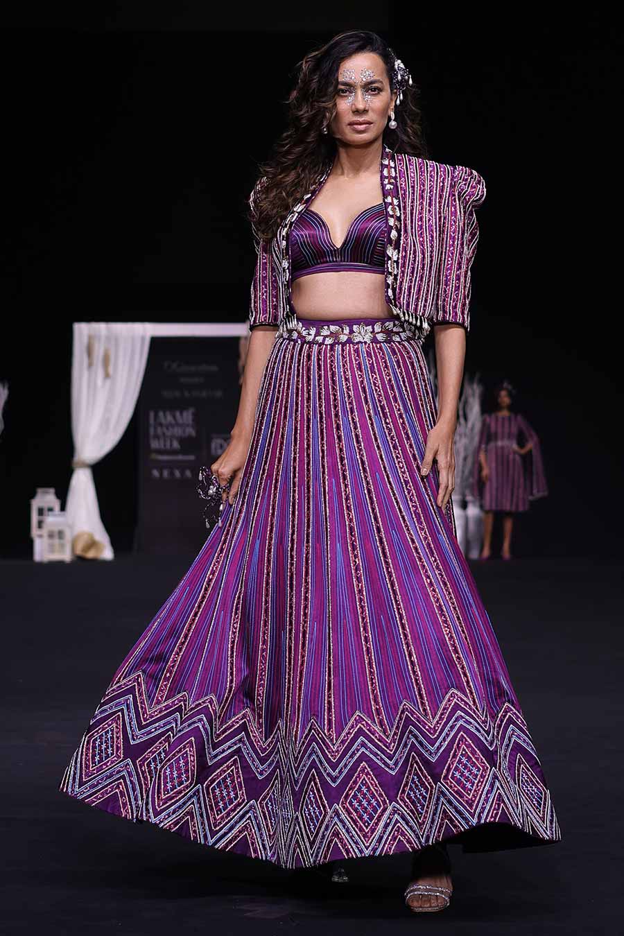 Purple Ajrakh Embroidered Bralette, Jacket & Lehenga Set