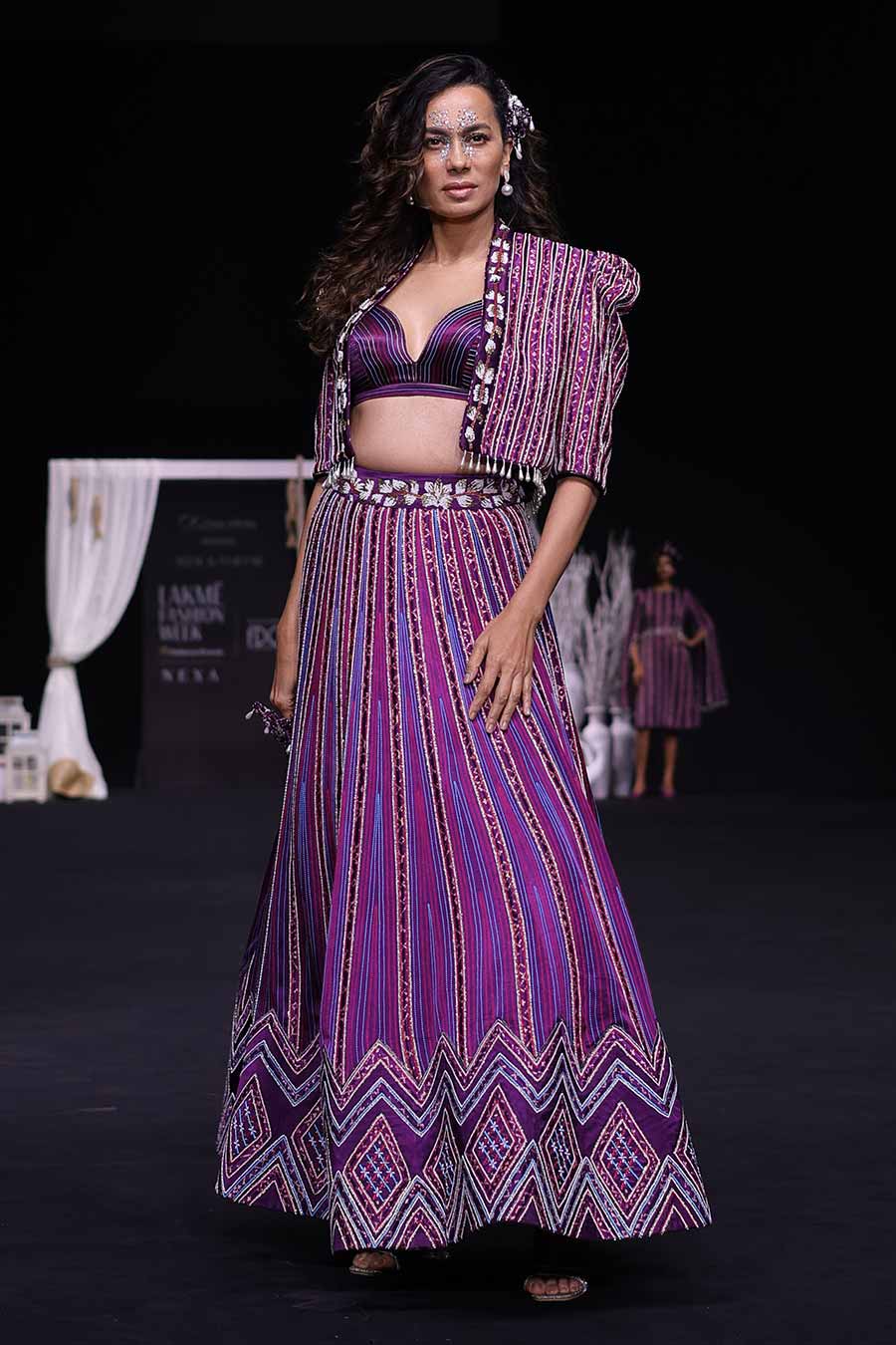 Purple Ajrakh Embroidered Bralette, Jacket & Lehenga Set