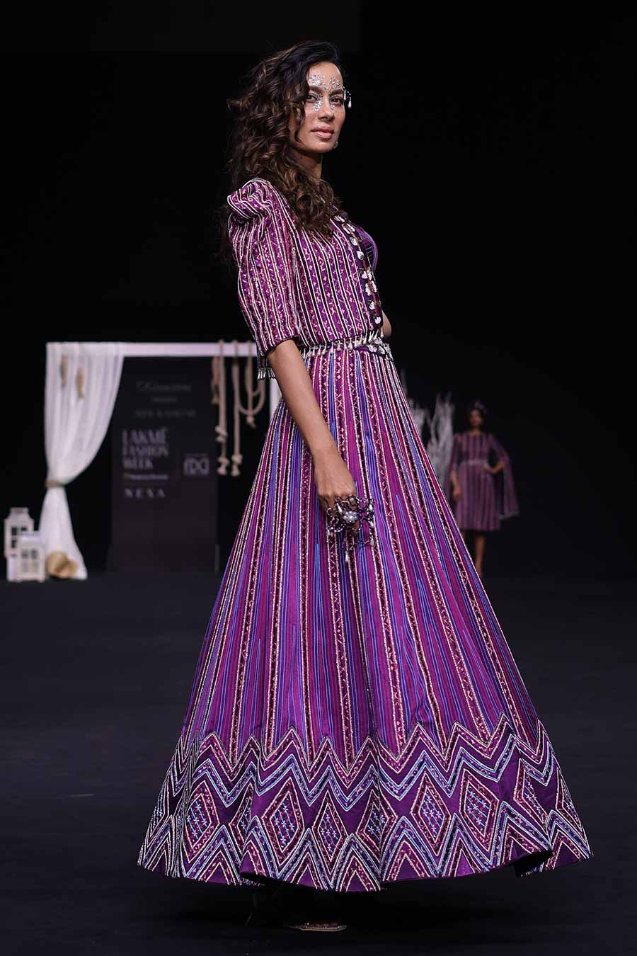 Purple Ajrakh Embroidered Bralette, Jacket & Lehenga Set