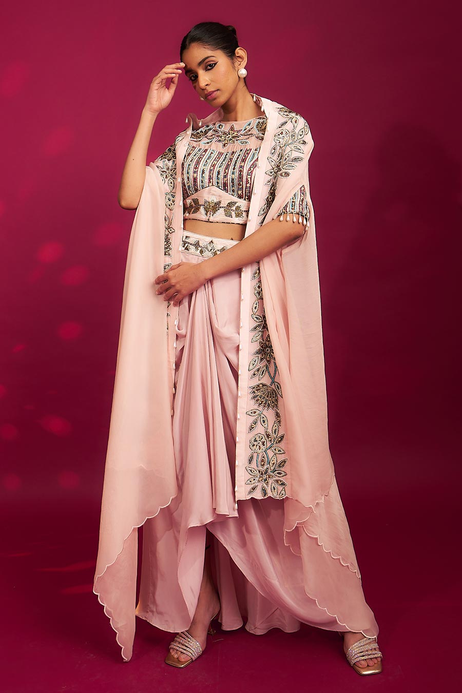 Pink Ajrakh Embroidered Blouse, Dhoti & Cape Dupatta Set