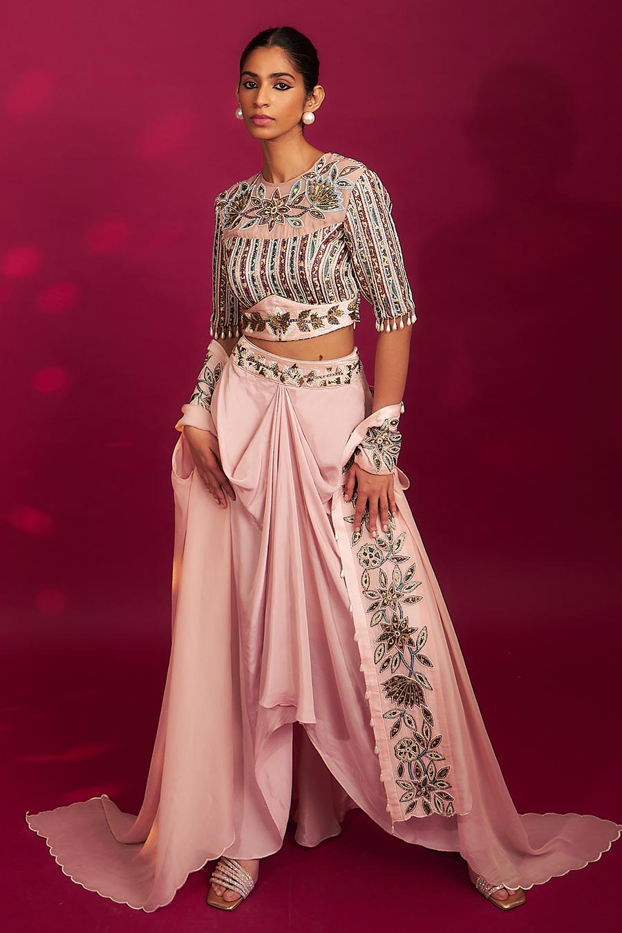 Pink Ajrakh Embroidered Blouse, Dhoti & Cape Dupatta Set