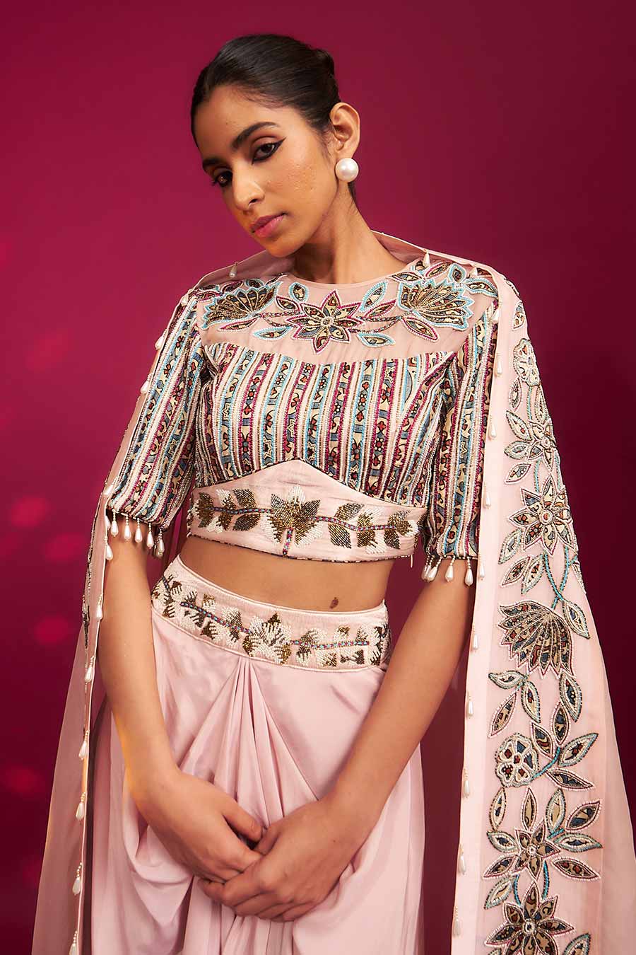 Pink Ajrakh Embroidered Blouse, Dhoti & Cape Dupatta Set