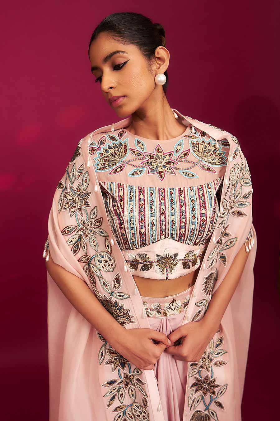 Pink Ajrakh Embroidered Blouse, Dhoti & Cape Dupatta Set