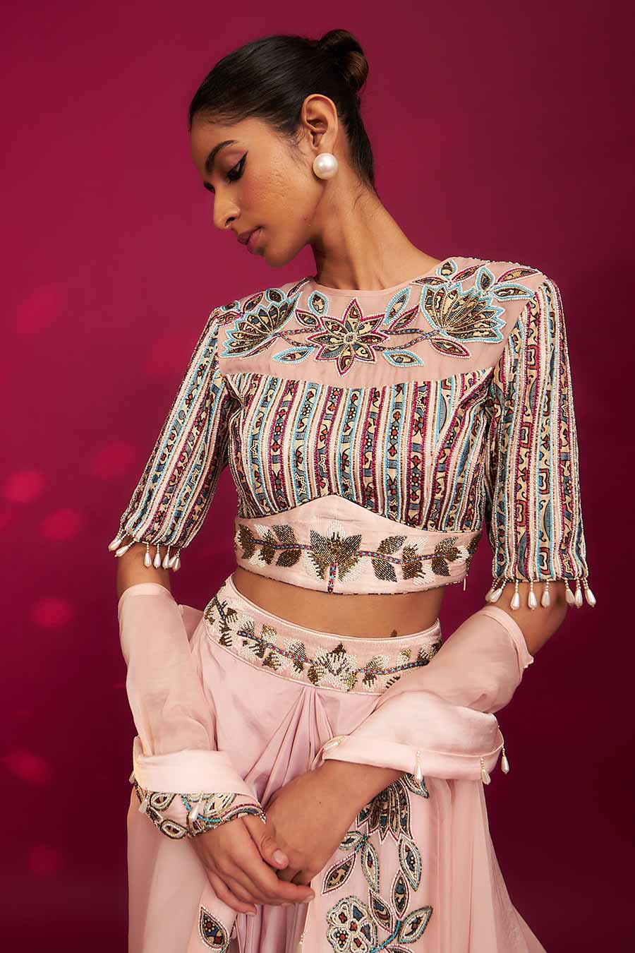 Pink Ajrakh Embroidered Blouse, Dhoti & Cape Dupatta Set