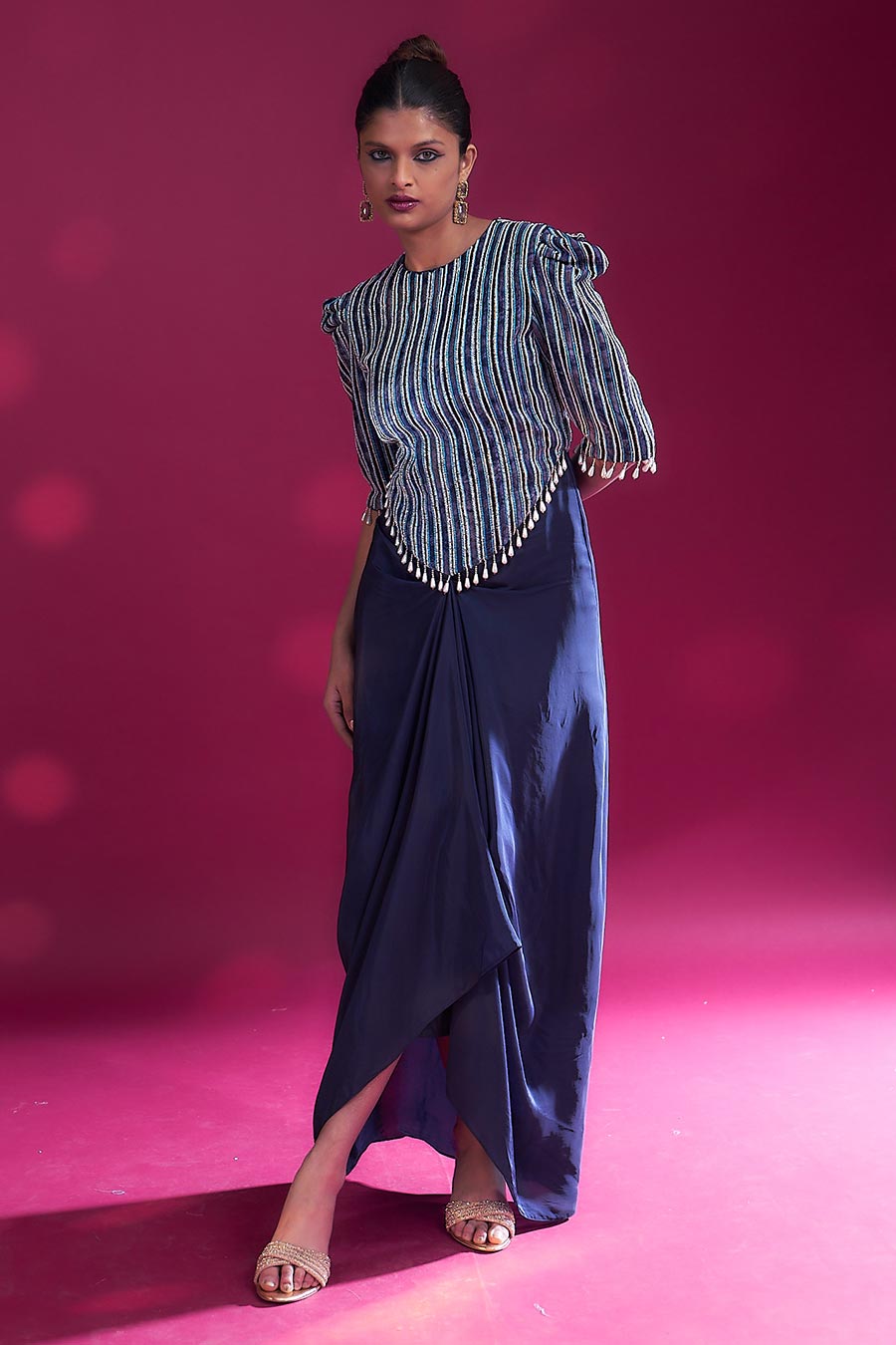 Deep Blue Ajrakh Embroidered Draped Dress