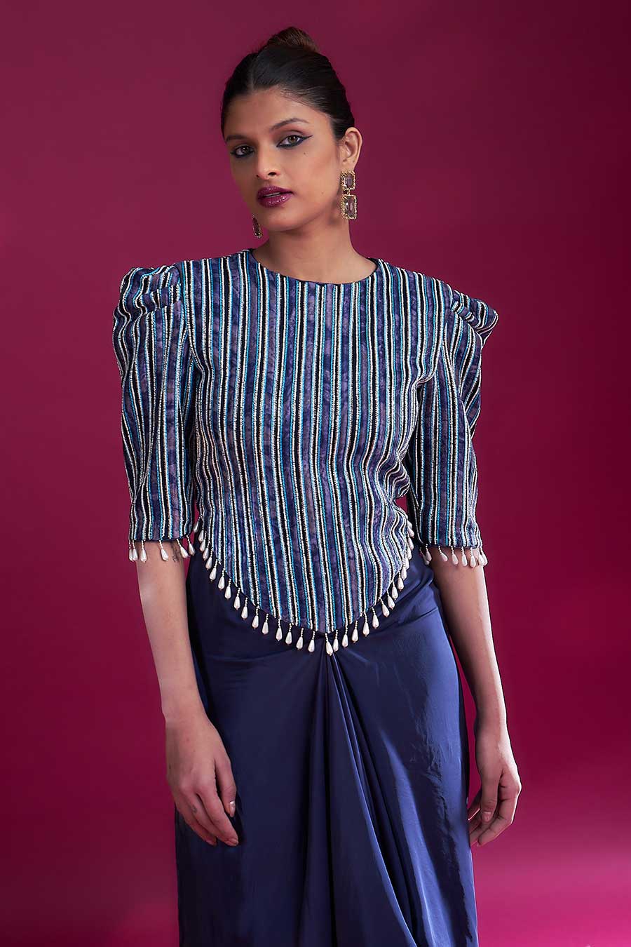 Deep Blue Ajrakh Embroidered Draped Dress