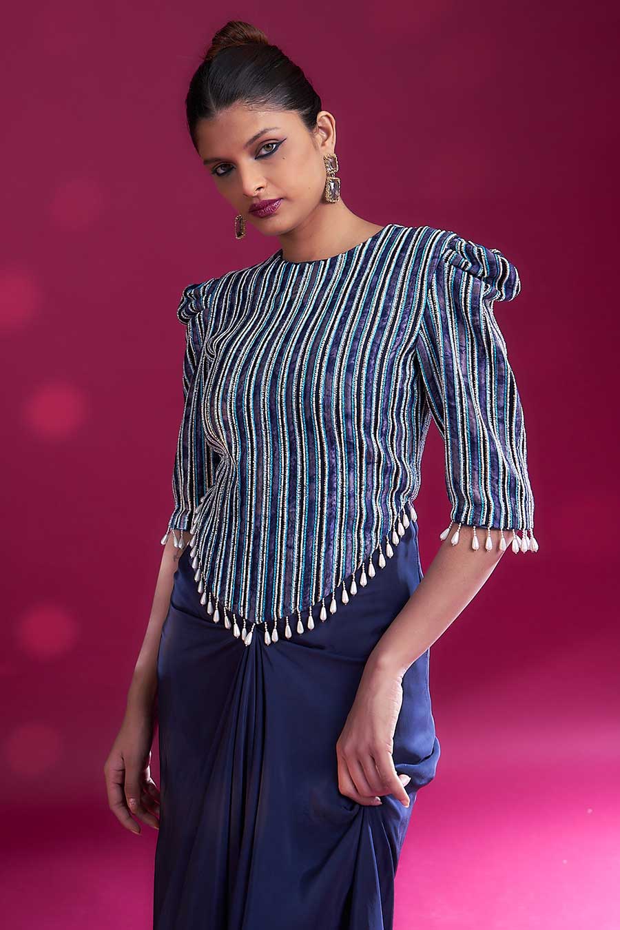Deep Blue Ajrakh Embroidered Draped Dress
