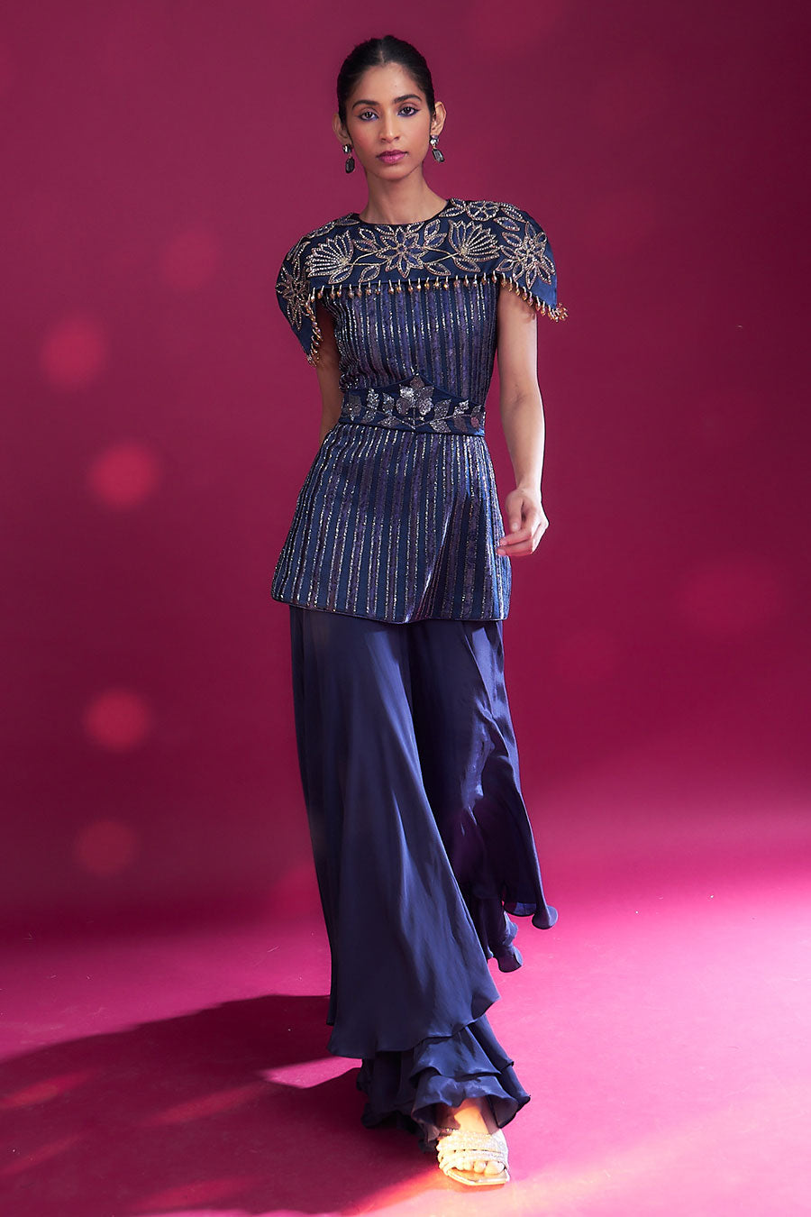 Deep Blue Ajrakh Striped Cape Top & Pant Set