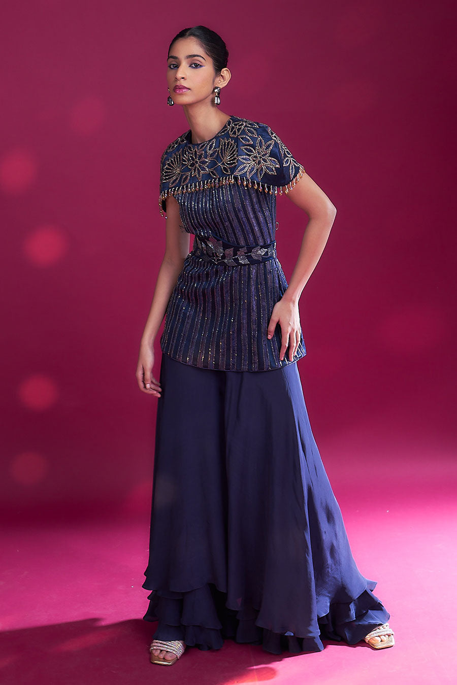 Deep Blue Ajrakh Striped Cape Top & Pant Set