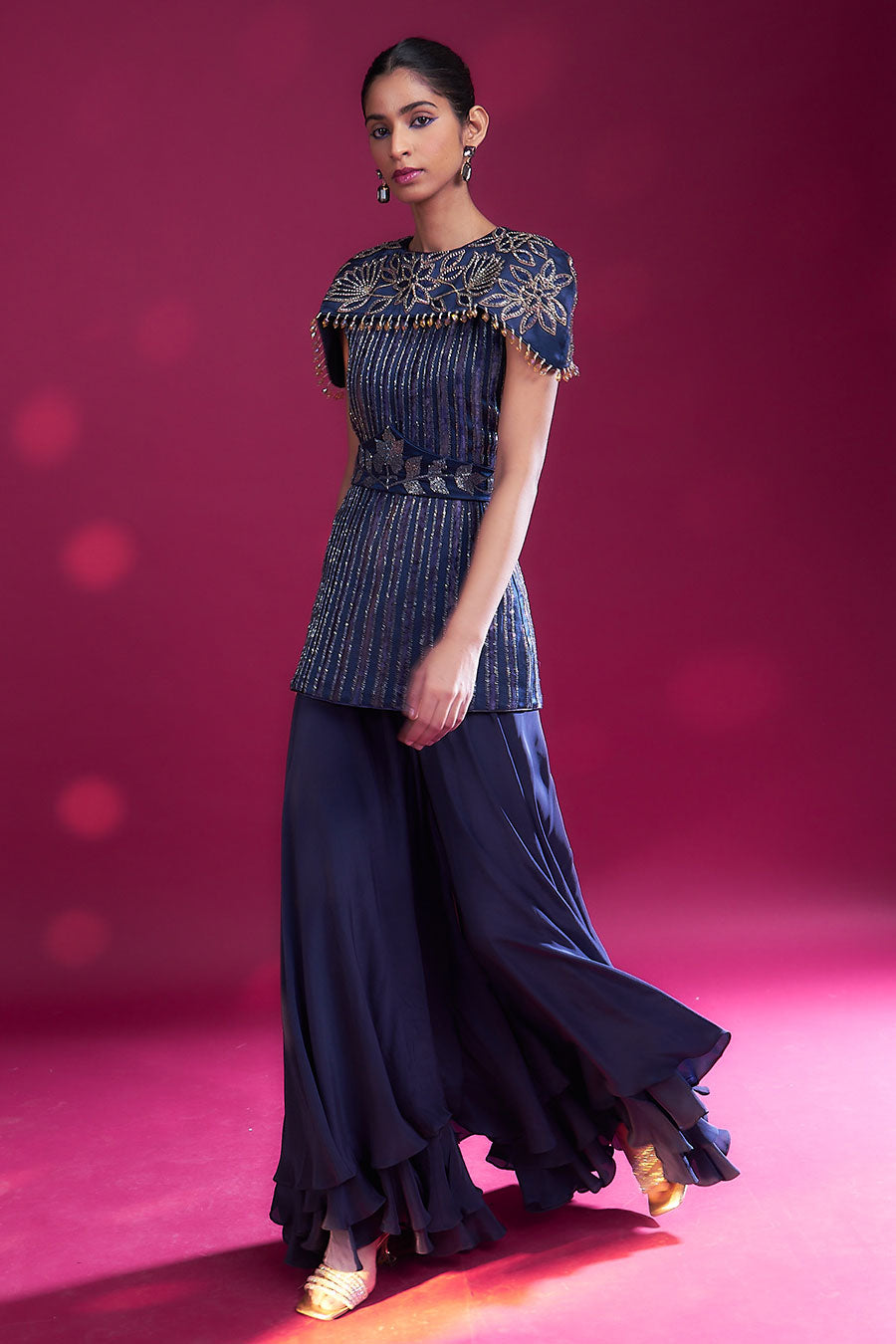 Deep Blue Ajrakh Striped Cape Top & Pant Set