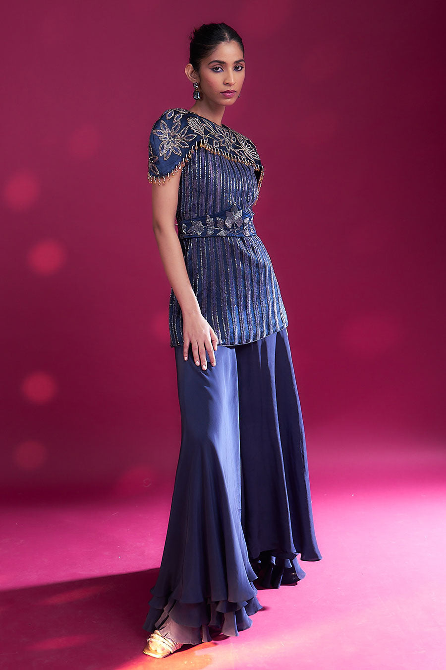 Deep Blue Ajrakh Striped Cape Top & Pant Set