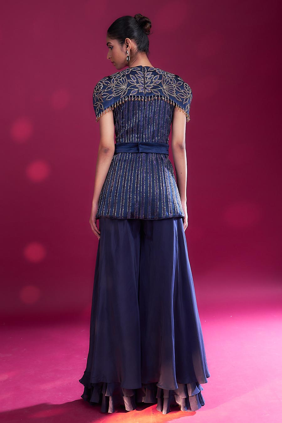 Deep Blue Ajrakh Striped Cape Top & Pant Set