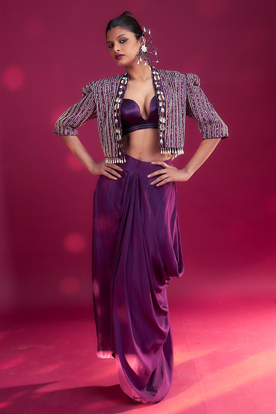 Purple Ajrakh Embroidered Bralette, Jacket & Skirt Set