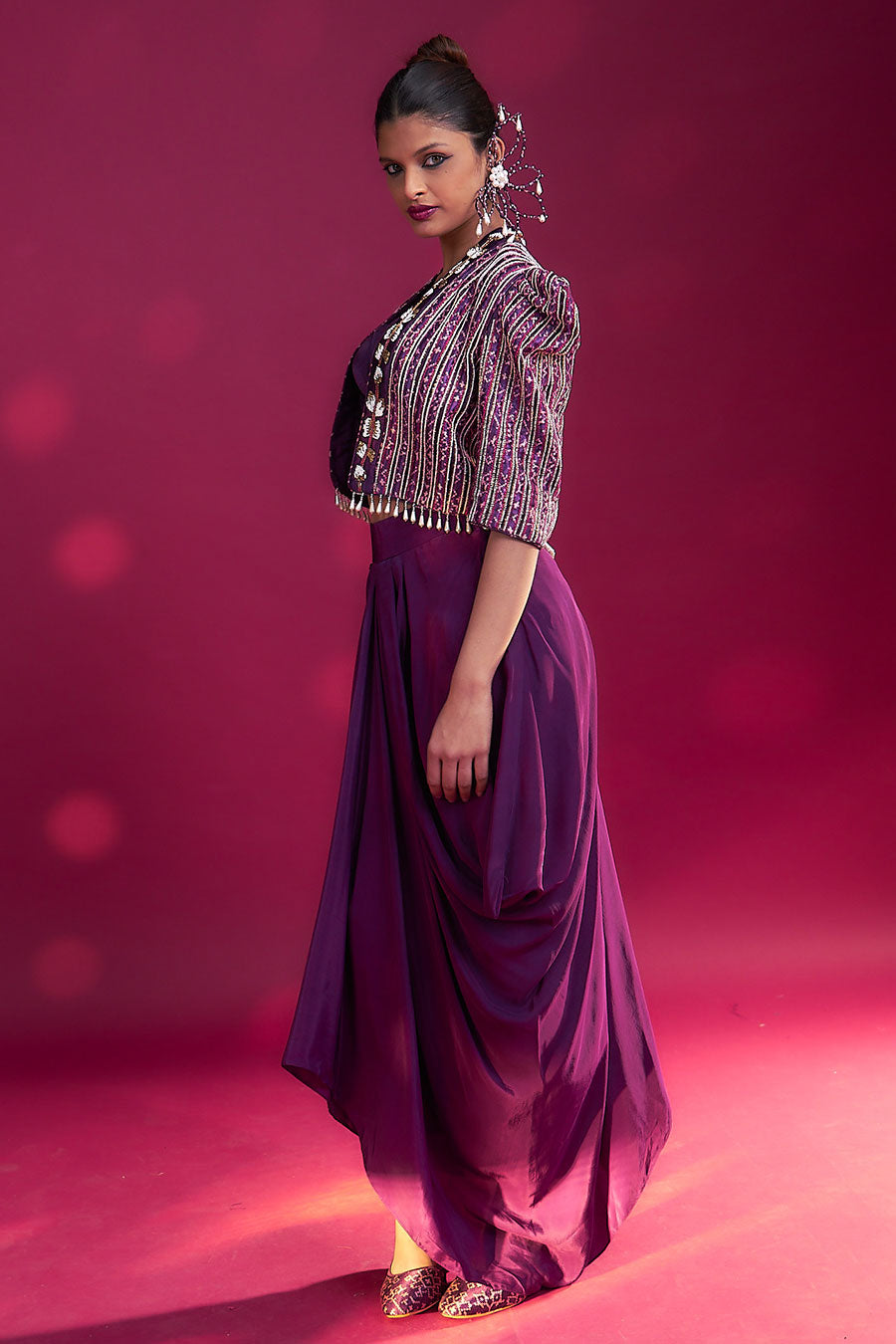 Purple Ajrakh Embroidered Bralette, Jacket & Skirt Set