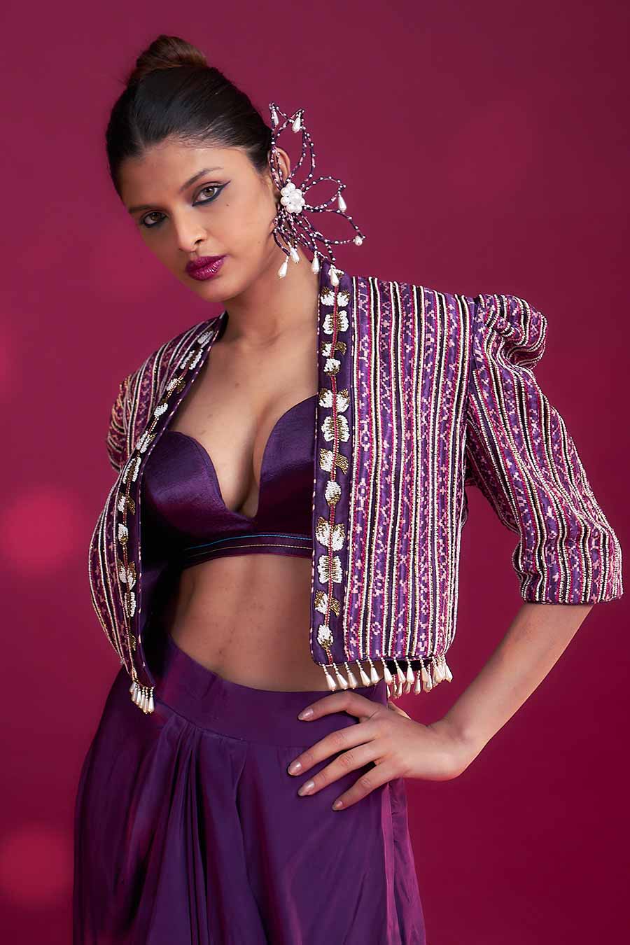 Purple Ajrakh Embroidered Bralette, Jacket & Skirt Set