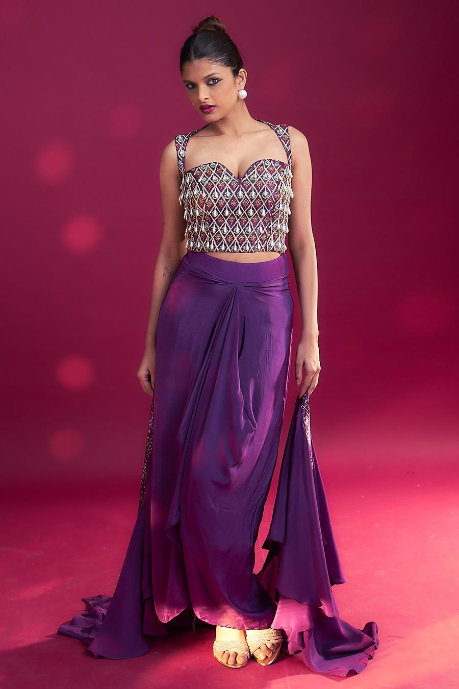 Purple Ajrakh Embroidered Blouse, Skirt & Dupatta Set