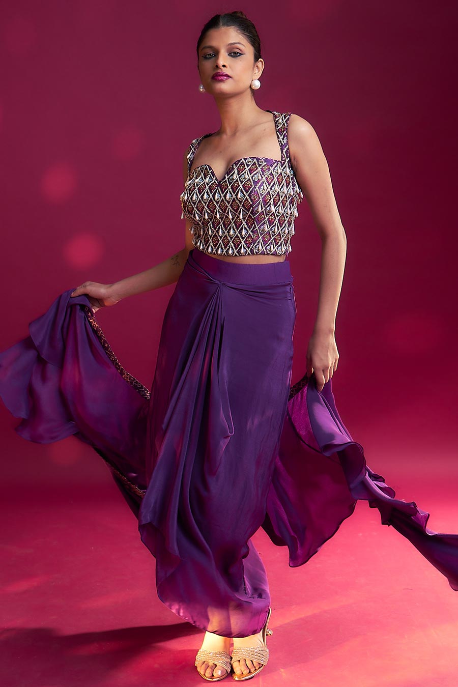 Purple Ajrakh Embroidered Blouse, Skirt & Dupatta Set