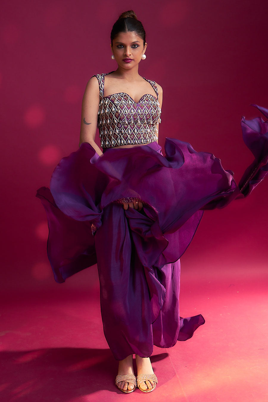 Purple Ajrakh Embroidered Blouse, Skirt & Dupatta Set