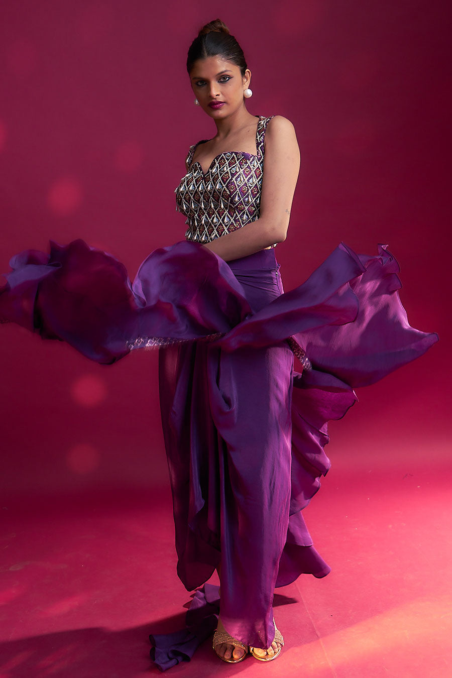 Purple Ajrakh Embroidered Blouse, Skirt & Dupatta Set