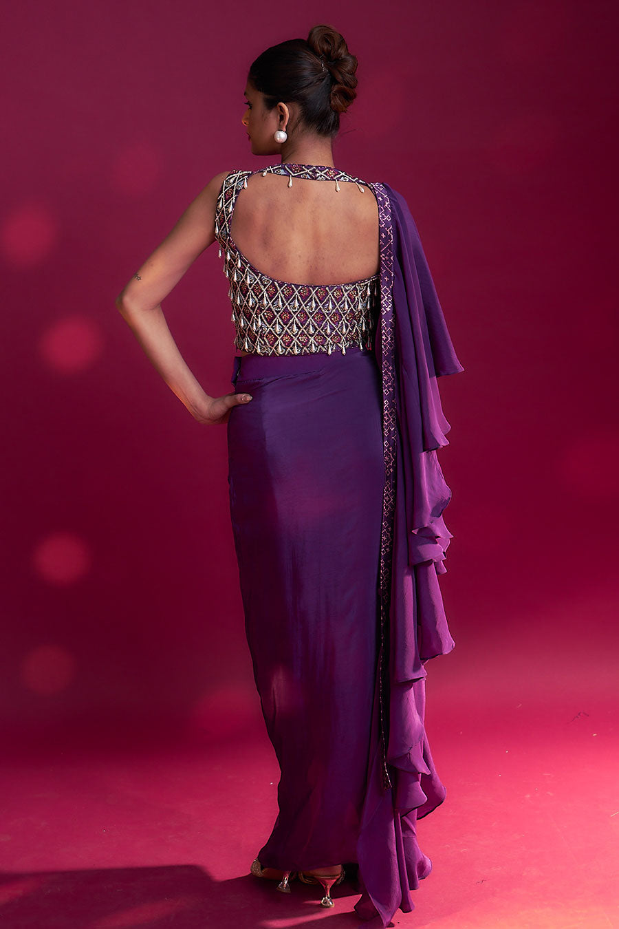 Purple Ajrakh Embroidered Blouse, Skirt & Dupatta Set