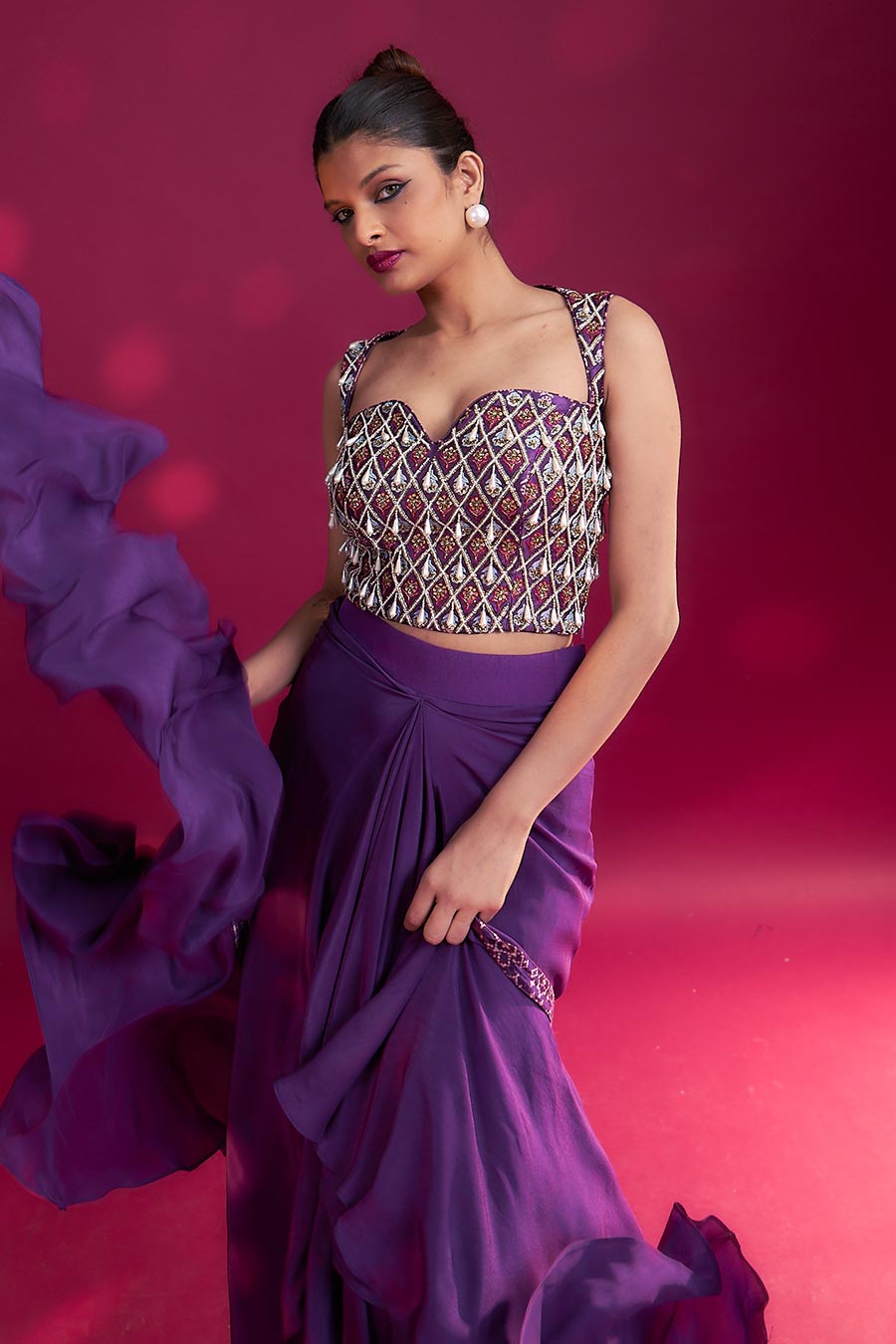 Purple Ajrakh Embroidered Blouse, Skirt & Dupatta Set