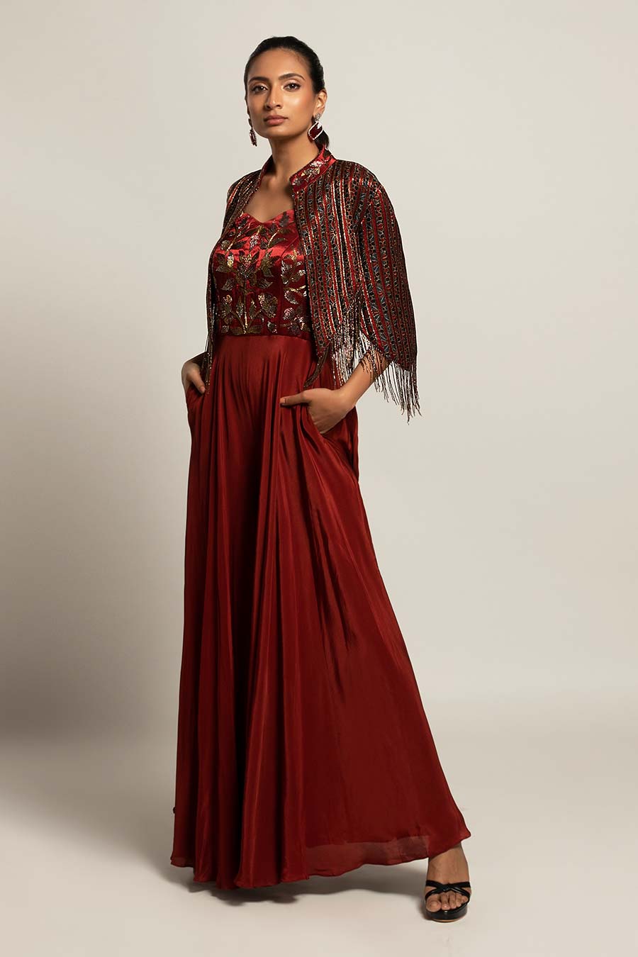 Maroon Agatha Embroidered Jumpsuit & Jacket Set