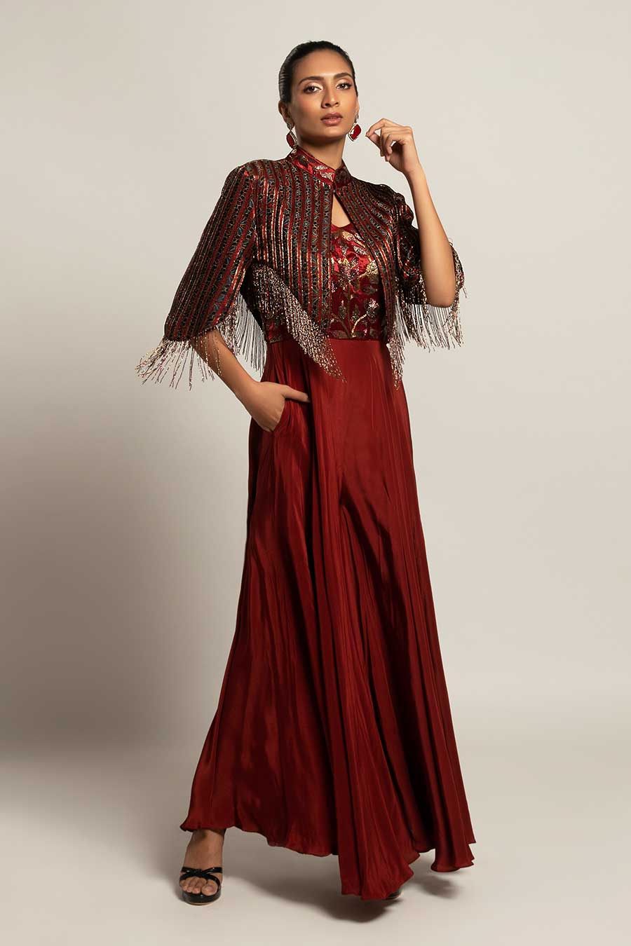 Maroon Agatha Embroidered Jumpsuit & Jacket Set