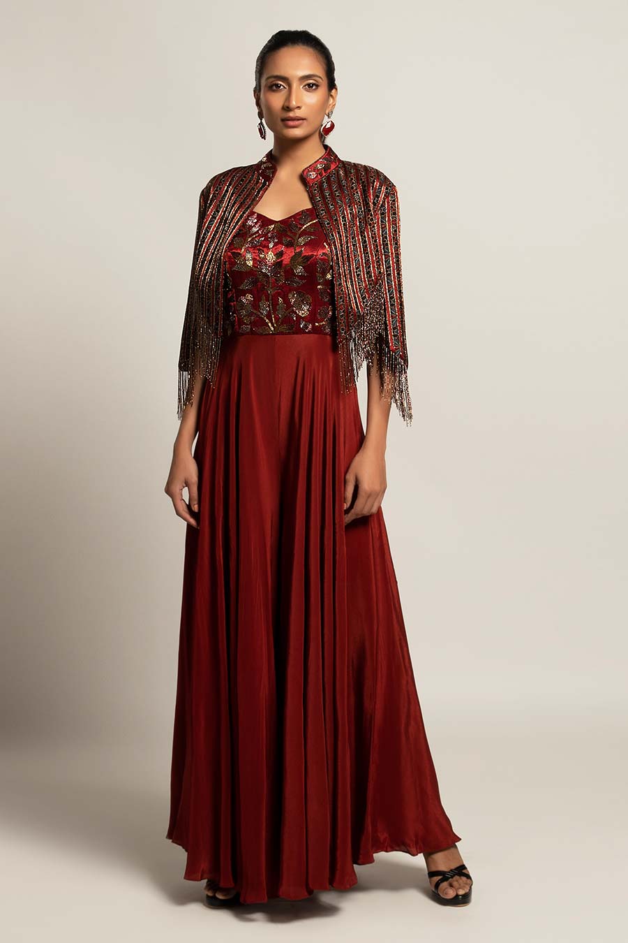 Maroon Agatha Embroidered Jumpsuit & Jacket Set