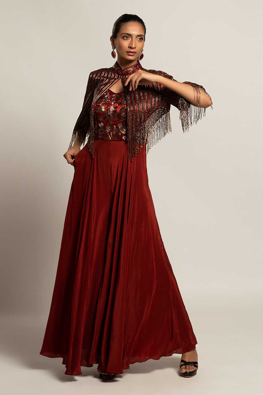 Maroon Agatha Embroidered Jumpsuit & Jacket Set