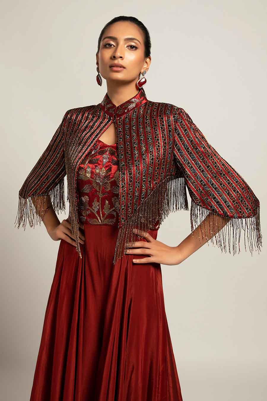 Maroon Agatha Embroidered Jumpsuit & Jacket Set