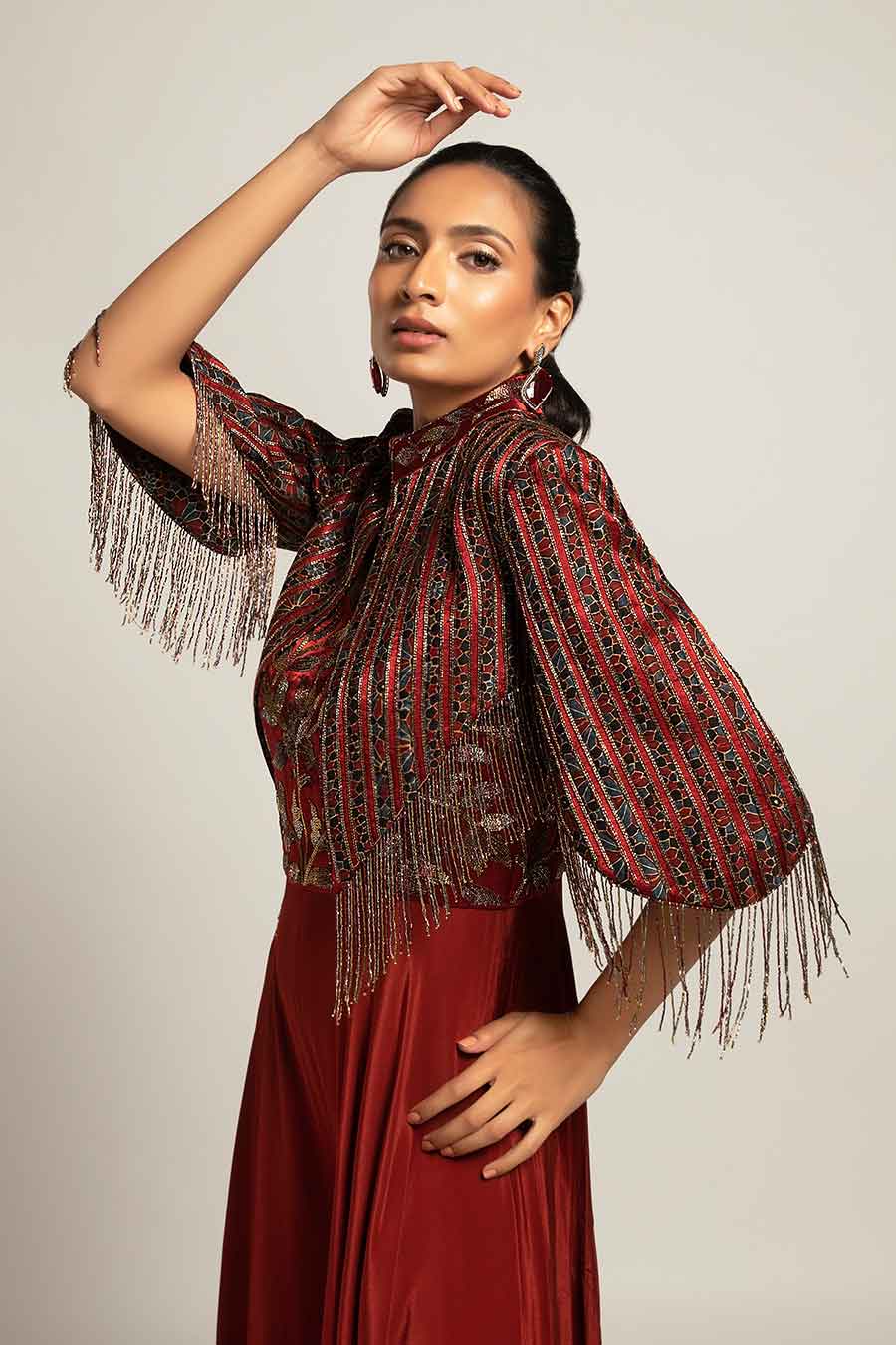 Maroon Agatha Embroidered Jumpsuit & Jacket Set