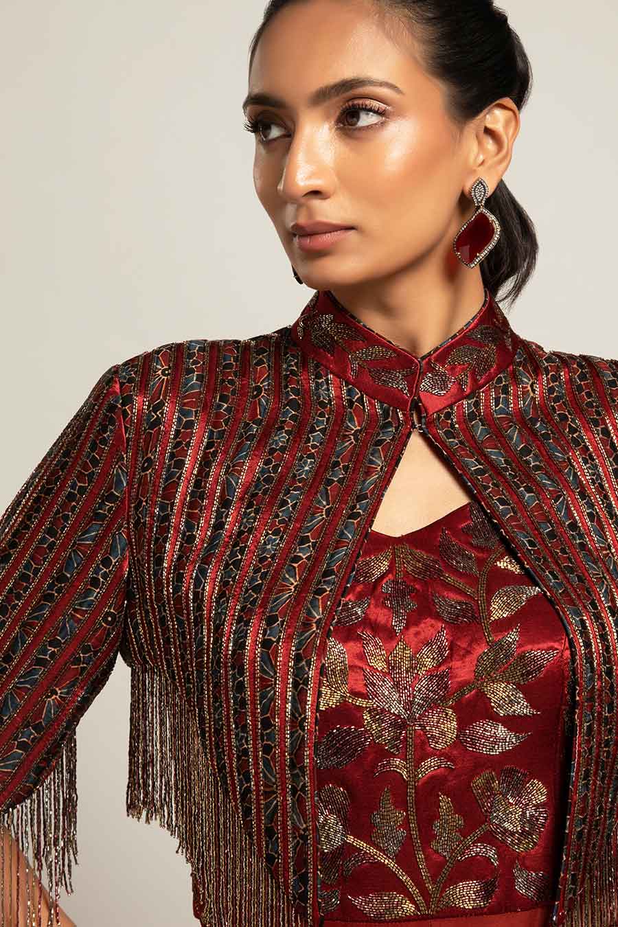 Maroon Agatha Embroidered Jumpsuit & Jacket Set