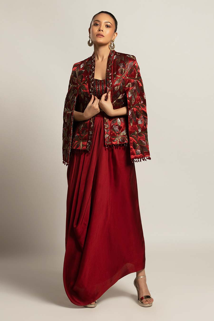 Maroon Rheia Embroidered Co-ord Set with Cape Jacket