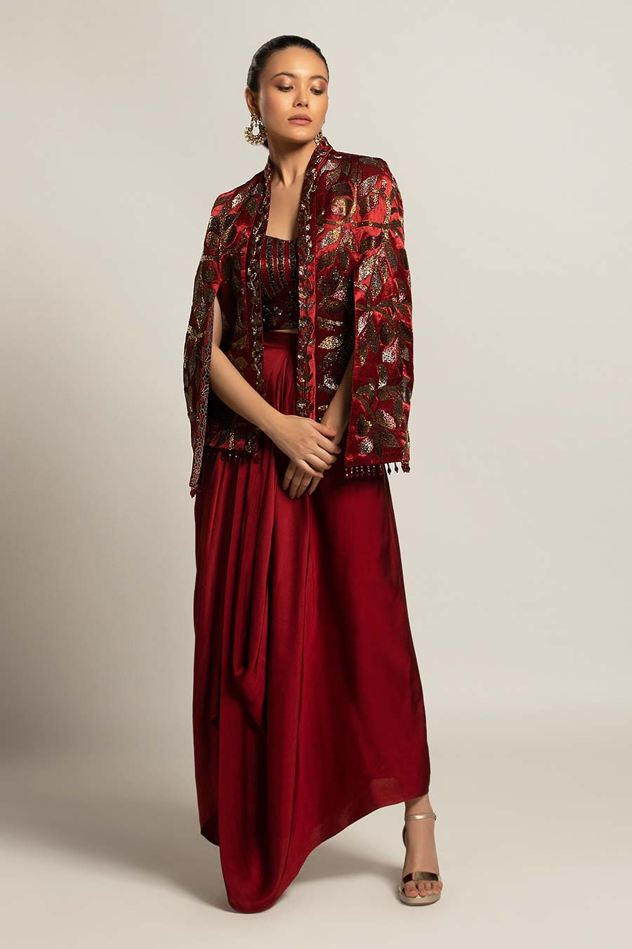 Maroon Rheia Embroidered Co-ord Set with Cape Jacket