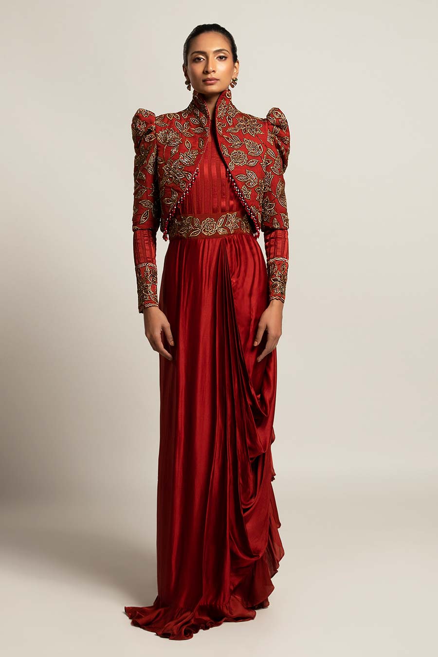 Maroon Elysian Embroidered Draped Dress & Short Jacket Set