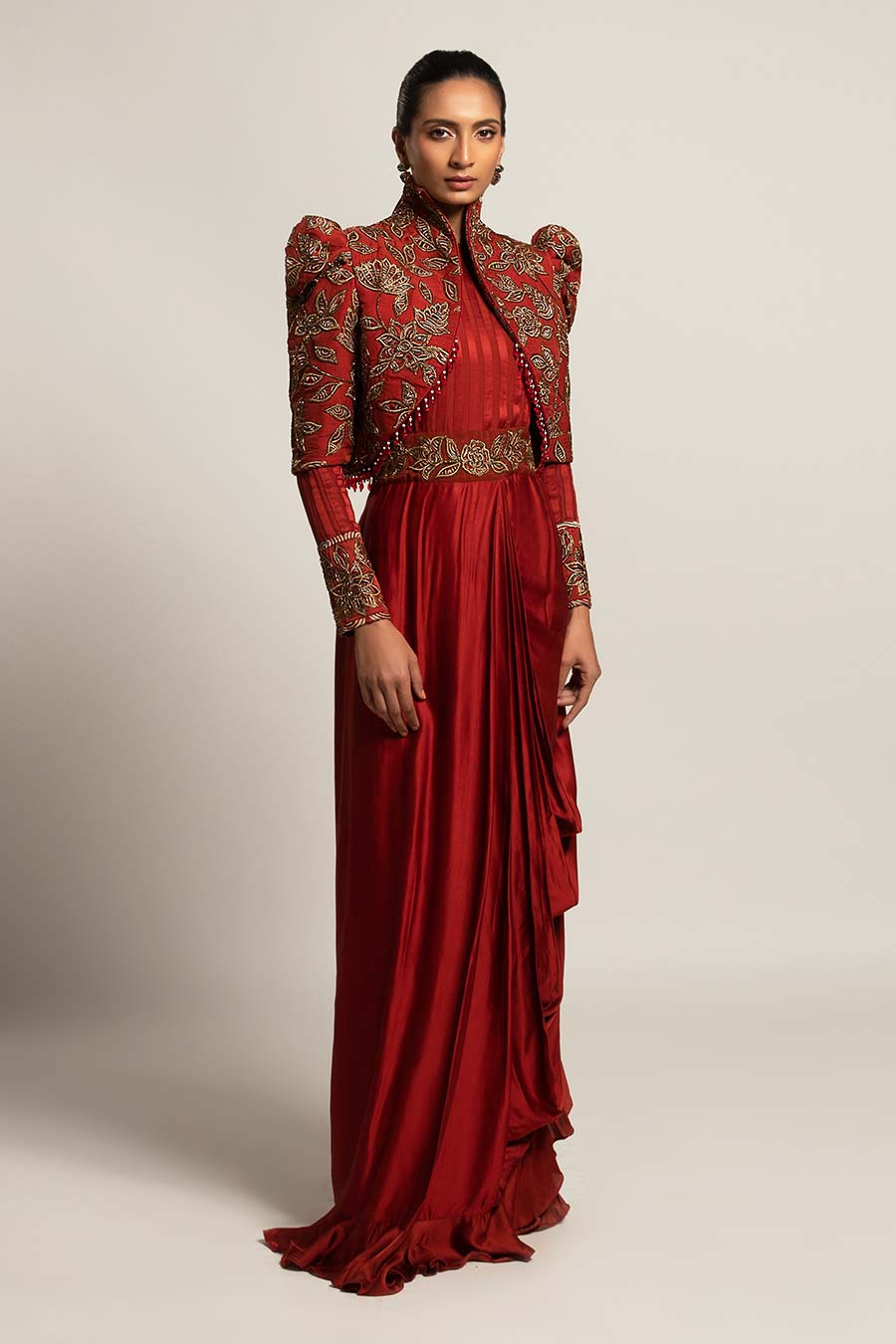 Maroon Elysian Embroidered Draped Dress Short Jacket Set