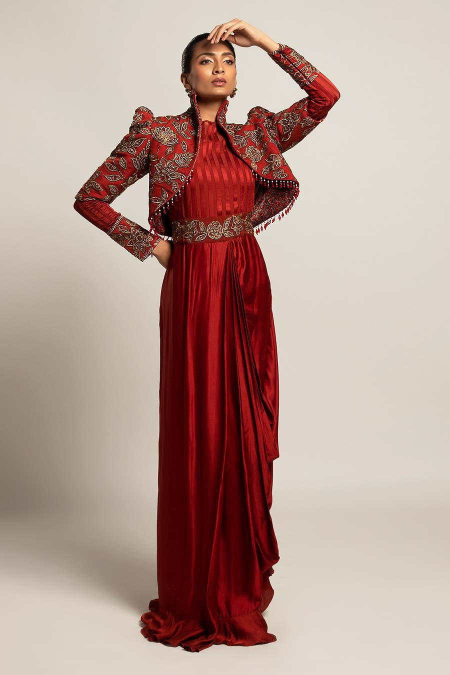 Shop Maroon Elysian Embroidered Draped Dress Short Jacket Set by SEJAL KAMDAR at House of Designers HOUSE OF DESIGNERS